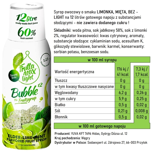 Syrop FruttaMax LIMONKA MIĘTA BEZ LIGHT 500ml na 12 litrów